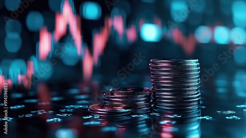 Stacks of coins on a digital background, symbolizing investment and financial growth in the modern economy.