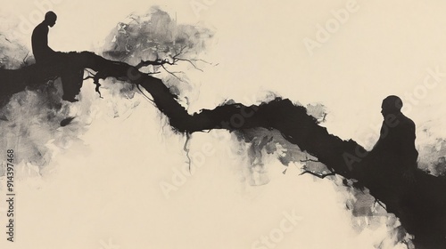 This abstract image features two personas sitting on separate branches, symbolizing disconnectedness and the emotional distance between them. It evokes feelings of contemplation and solitude.