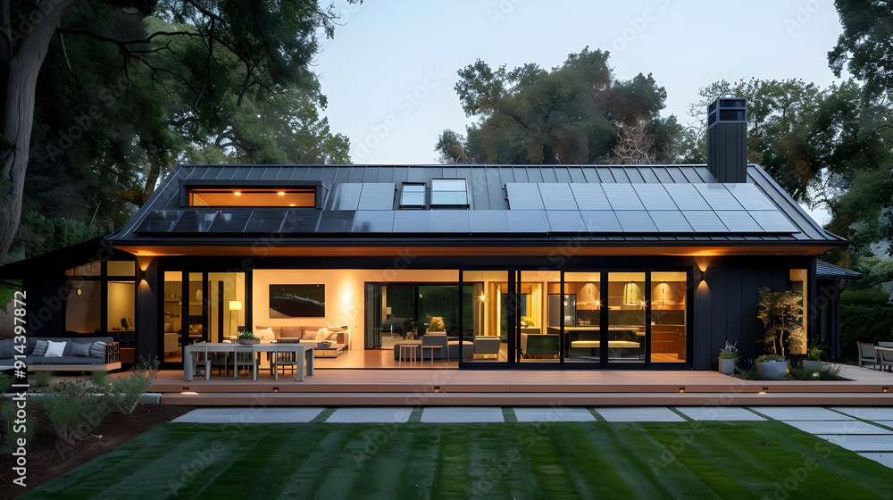 Modern home with solar panels on the roof and a large patio. Modern home with solar panels on the roof and a large patio.
