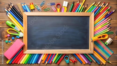 A Symphony of Stationery: A Vibrant Blackboard Filled with School Supplies AI generated