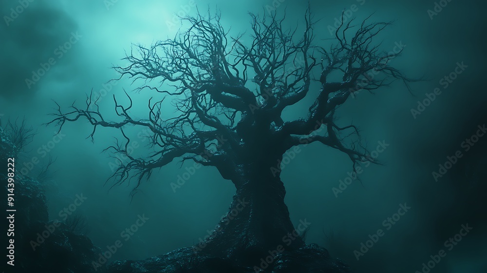 A Silhouette of a Dead Tree in a Foggy, Eerie Setting A Silhouette of a Dead Tree in a Foggy, Eerie Setting
