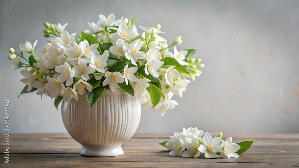 White Jasmine Blossoms in a Porcelain Vase Generative AI White Jasmine Blossoms in a Porcelain Vase Generative AI
