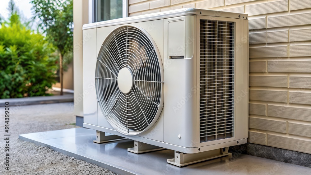 Close up of an air conditioning heat pump, HVAC, technology, energy efficient, cooling, heating, appliance, equipment Close up of an air conditioning heat pump, HVAC, technology, energy efficient, cooling, heating, appliance, equipment