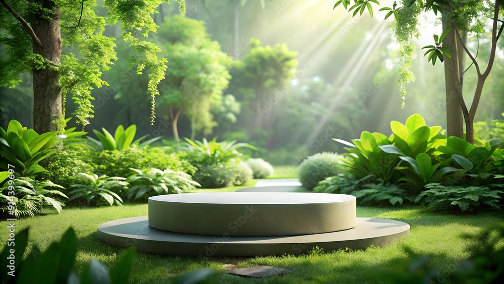 Serene Oasis: A Minimalist Green Podium in a Lush Garden Generative AI Serene Oasis: A Minimalist Green Podium in a Lush Garden Generative AI