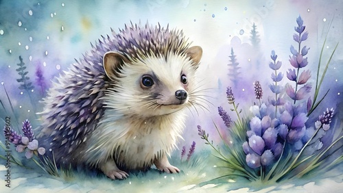 Watercolor Hedgehog Among Blooming Lavender  AI generated photo