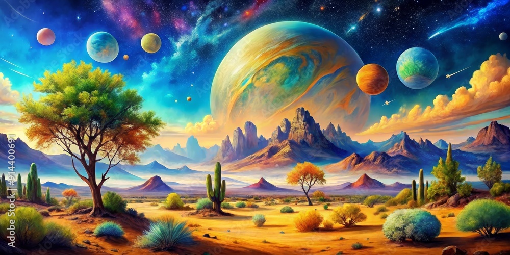 Alien Desert Landscape with Giant Planets, digital painting, desert, landscape, planets, stars, mountains Alien Desert Landscape with Giant Planets, digital painting, desert, landscape, planets, stars, mountains