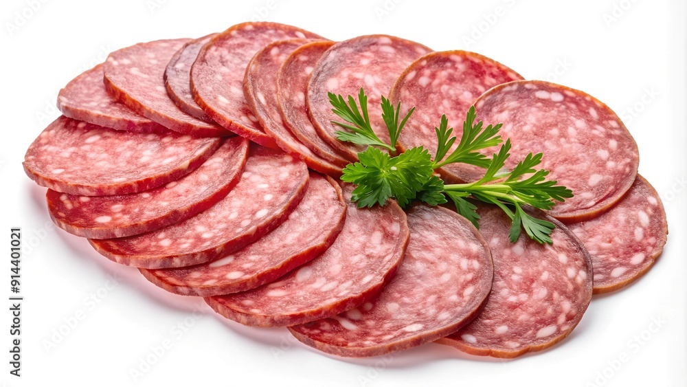 A Symphony of Salami: A Vibrant Collage of Thin Salami Slices on a Pristine White Canvas Generative AI A Symphony of Salami: A Vibrant Collage of Thin Salami Slices on a Pristine White Canvas Generative AI