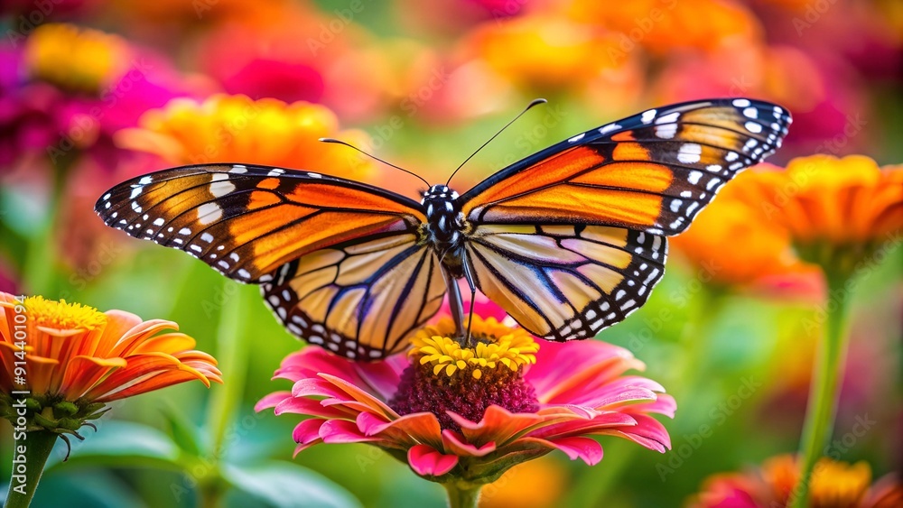Fototapeta premium A Symphony of Colors: A Monarch Butterfly on a Zinnia Generative AI