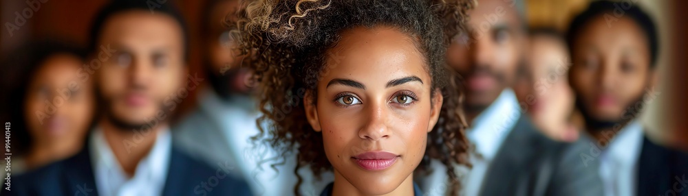 A confident woman stands in front of a group of people. A confident woman stands in front of a group of people.