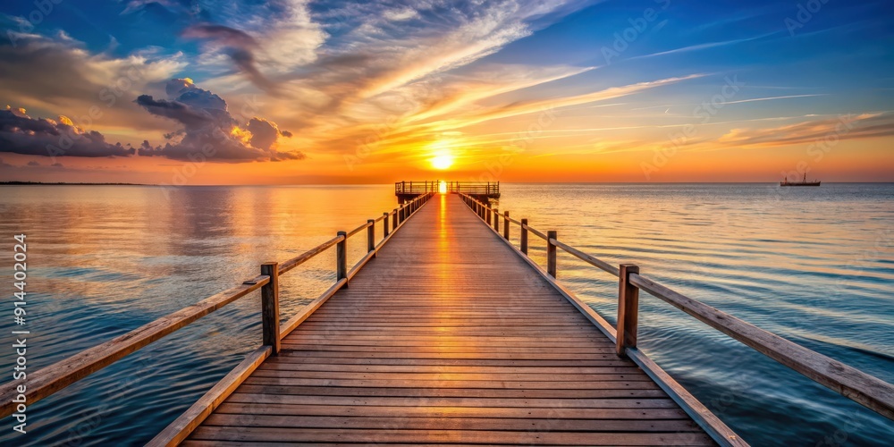 Naklejka premium Sunset view on a wooden pier by the sea , sunset, pier, ocean, evening, twilight, calm, serene, peaceful, tranquil, horizon