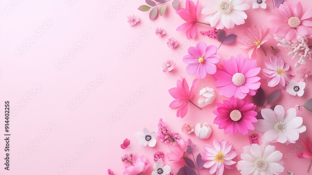 AI generated Banner with flowers on light pink background. AI generated Banner with flowers on light pink background.