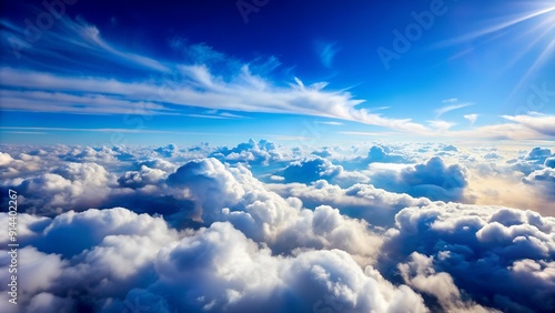 Celestial Tapestry: An Aerial View of Serene White Clouds Against a Vibrant Blue Sky AI generated