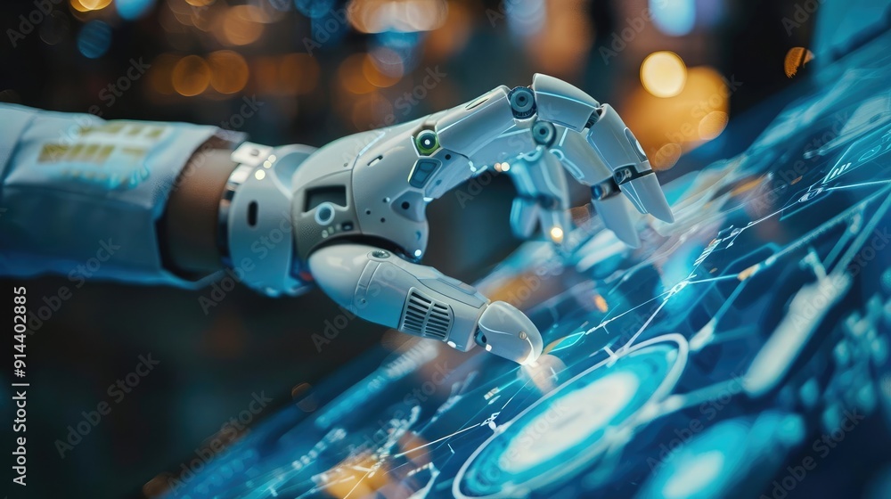 A robotic hand interacting with a futuristic digital interface, symbolizing advanced technology and innovation in automation. A robotic hand interacting with a futuristic digital interface, symbolizing advanced technology and innovation in automation.