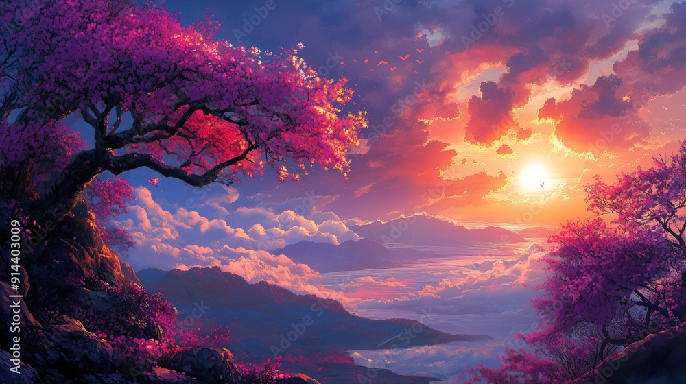 Obraz premium Japanese landscape, colorful sky. Vibrant flowers bloom