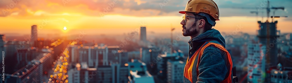 Construction worker looking at cityscape at sunset. Construction worker looking at cityscape at sunset.
