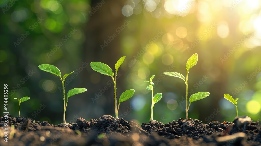 Sprouting seedlings growing in rich soil, symbolizing new beginnings and the beauty of nature in sunlight. Sprouting seedlings growing in rich soil, symbolizing new beginnings and the beauty of nature in sunlight.