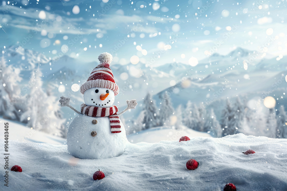 Fototapeta premium Smiling Christmas Snowman with hat and scarf standing in snowy winter background