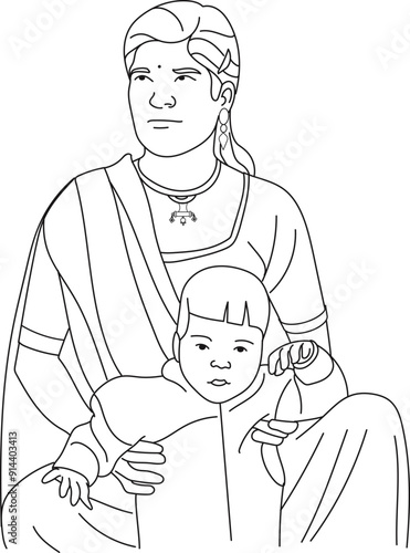 Indian Woman with her kid. Indian Woman Holding Her Baby, Hand drawn in thin line style