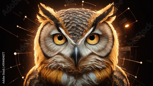 Goldencolored owl representing a technology concept photo