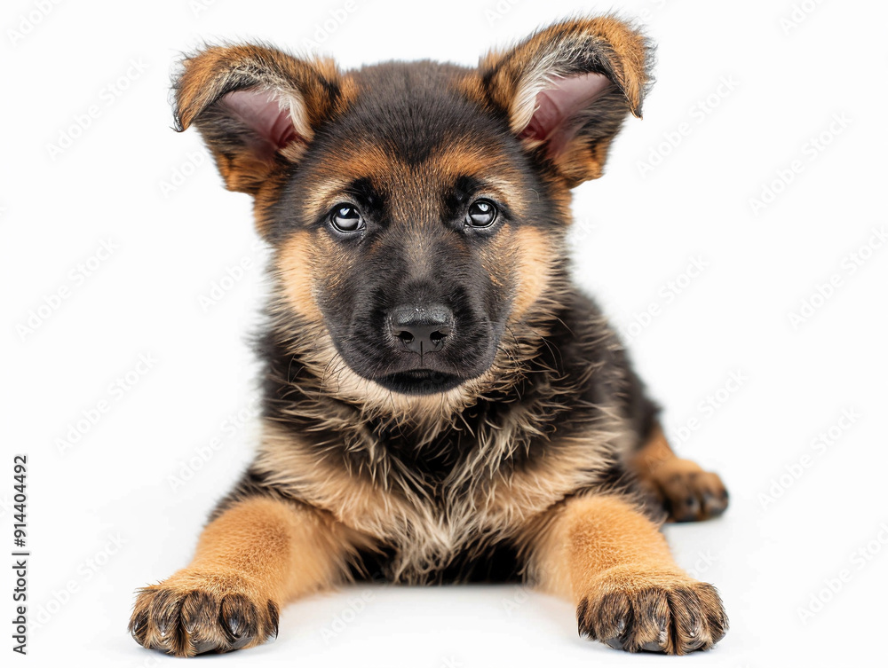 Fototapeta premium A playful German Shepherd puppy lying on a white surface indoors during the afternoon light