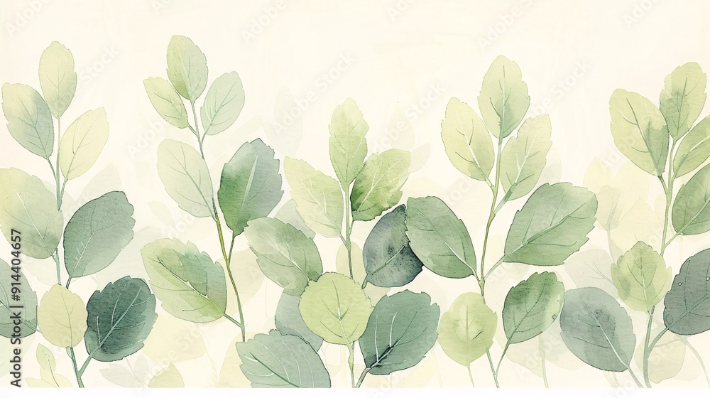 This watercolor painting showcases an array of green leaves growing upward against a soft, light background, signifying growth, freshness, and the beauty of nature in an elegant manner. This watercolor painting showcases an array of green leaves growing upward against a soft, light background, signifying growth, freshness, and the beauty of nature in an elegant manner.
