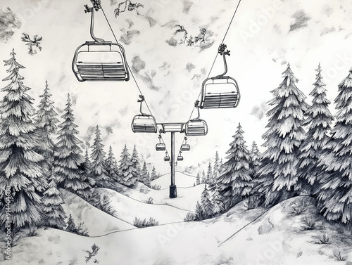 A drawing of a ski slope with three ski lifts. The ski lift is in the middle of the slope and the trees are in the background photo