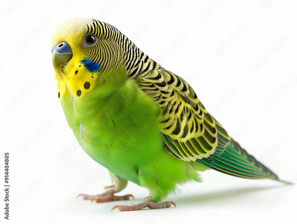Fototapeta premium Colorful green budgerigar perched gracefully on a surface with a bright white backdrop