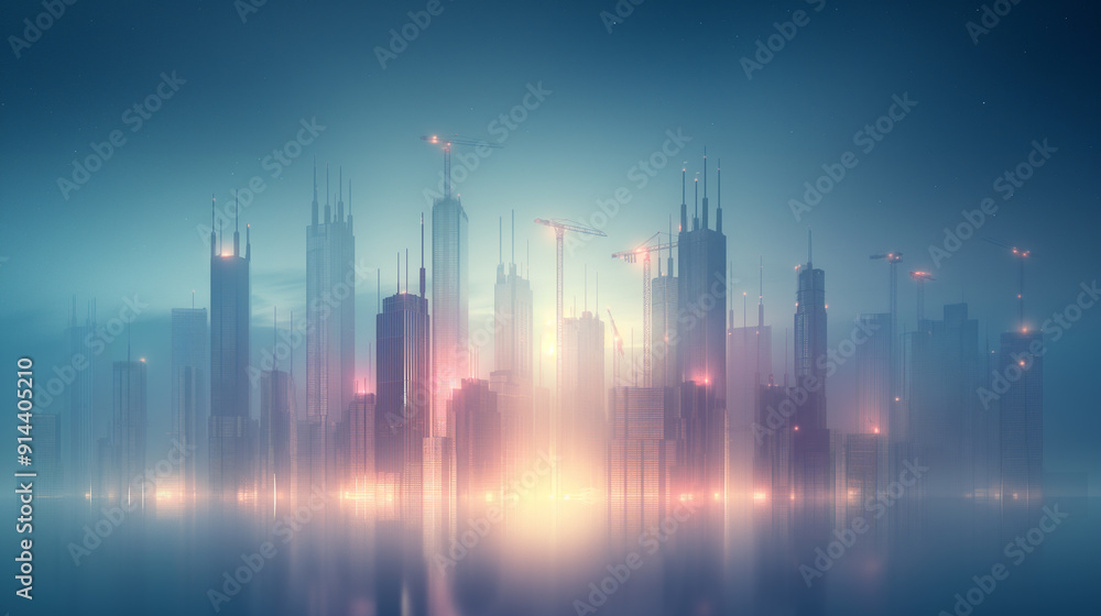 A city skyline is reflected in the water, with the buildings lit up at night A city skyline is reflected in the water, with the buildings lit up at night