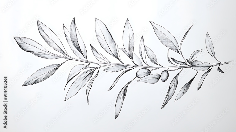 Detailed Pencil Sketch of Olive Branch with Three Olives Detailed Pencil Sketch of Olive Branch with Three Olives
