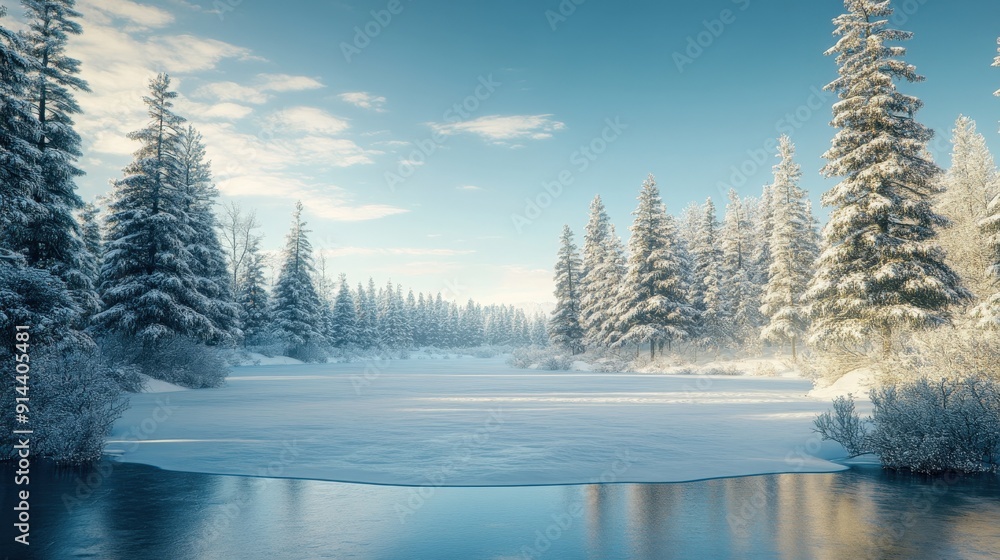 A tranquil frozen lake lies in a winter landscape, bordered by snow-draped coniferous trees under a clear blue sky A tranquil frozen lake lies in a winter landscape, bordered by snow-draped coniferous trees under a clear blue sky