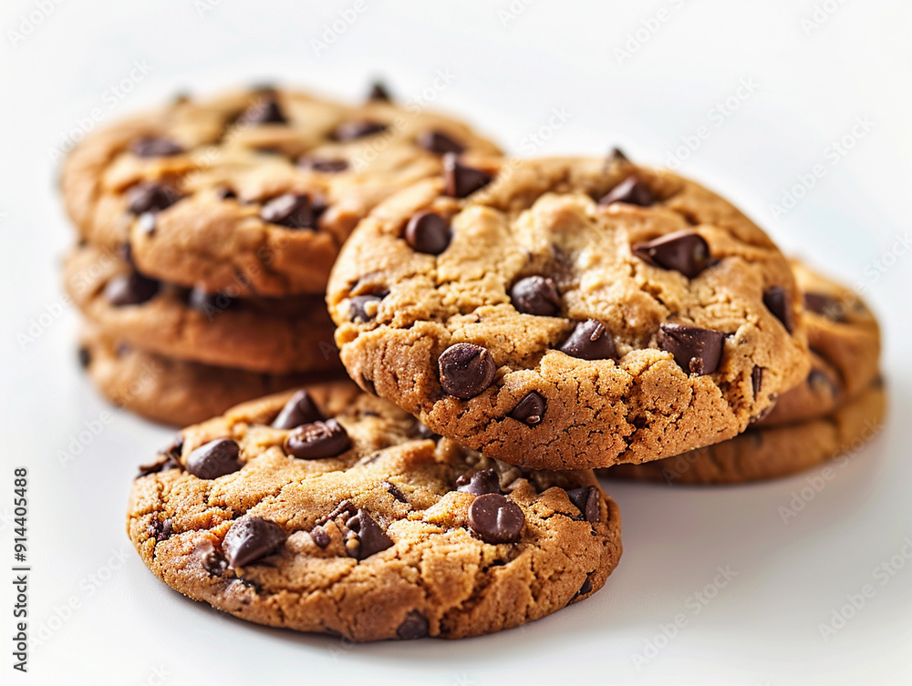 Freshly baked chocolate chip cookies arranged on a white plate in a cozy kitchen setting Freshly baked chocolate chip cookies arranged on a white plate in a cozy kitchen setting