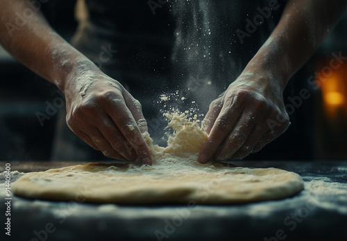 Baker shaping dough with flour dust in a warm kitchen at night