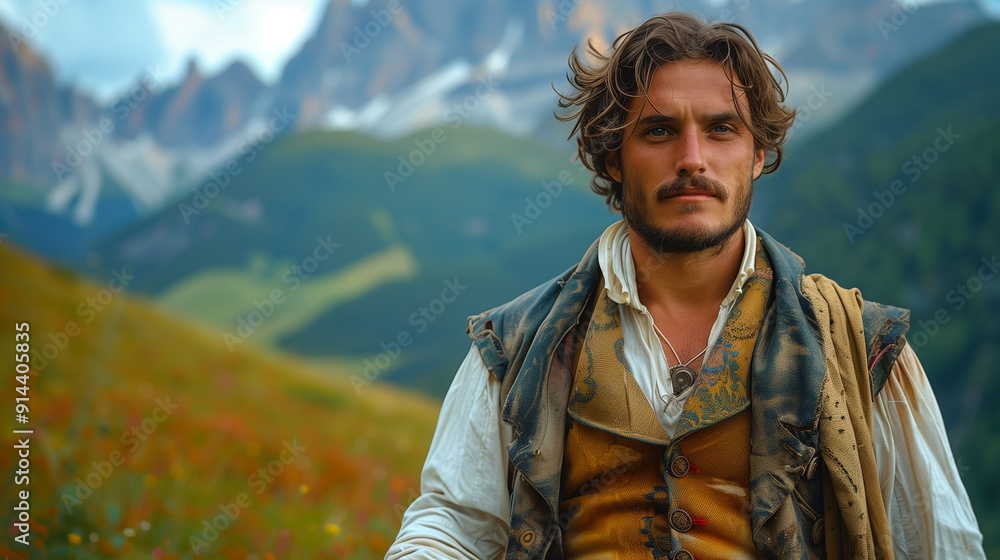 Handsome Good Looking Italian Native Man in Traditional Cultural Cloths, Standing Confident in Mountain Grass Field, Embroidered Shirt, Diverse and Culture photoshoot Handsome Good Looking Italian Native Man in Traditional Cultural Cloths, Standing Confident in Mountain Grass Field, Embroidered Shirt, Diverse and Culture photoshoot