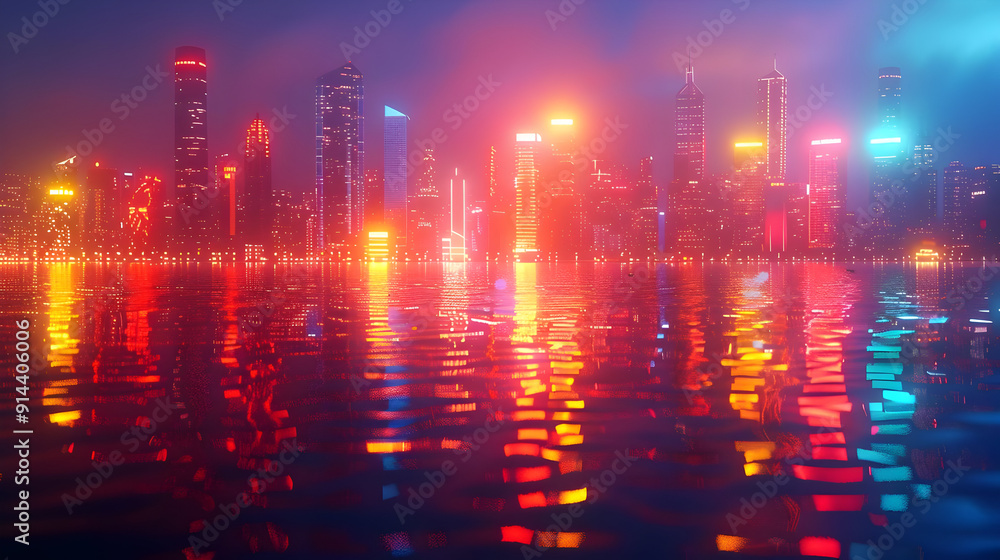 Night city skyline with glowing lights reflected in water. Night city skyline with glowing lights reflected in water.