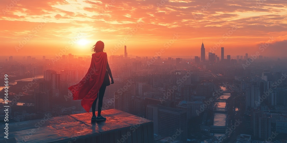 Young Girl as Superhero Overlooking Sunset City Young Girl as Superhero Overlooking Sunset City