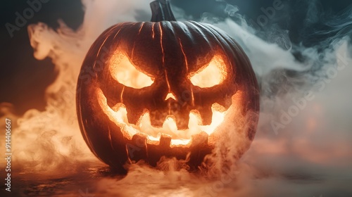 Wallpaper Mural Halloween pumpkin with glowing eyes and teeth, smoke background. The pumpkin was carved in the style of an eerie face with illuminated eyes and bared teeth against a smoky backdrop Torontodigital.ca