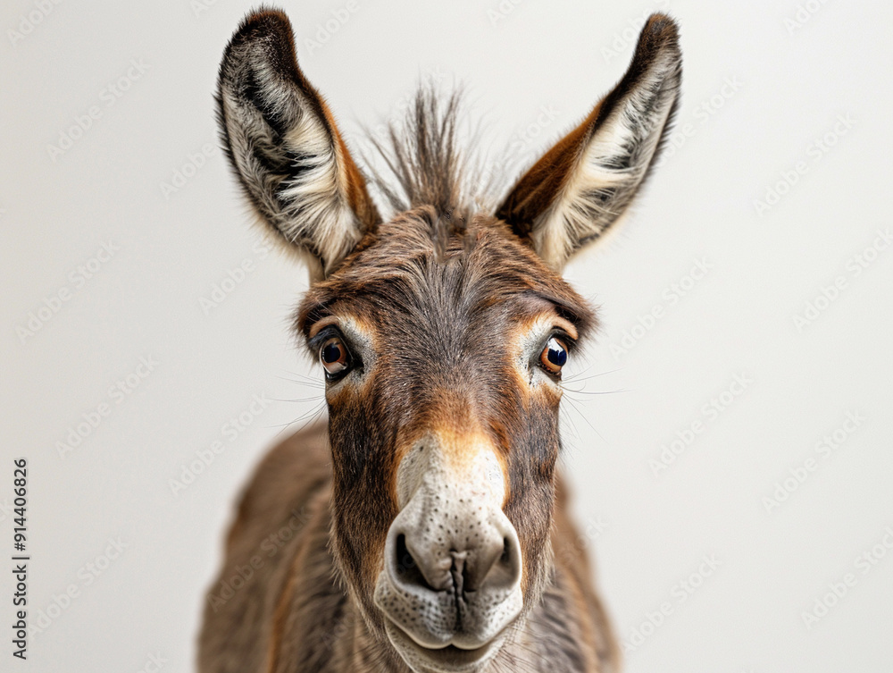 A close-up view of a donkey with expressive eyes and large ears in a neutral setting