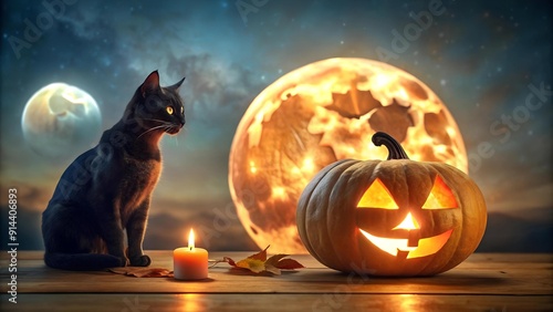 A Cat-Shaped Pumpkin Under a Full Moon  generative AI photo