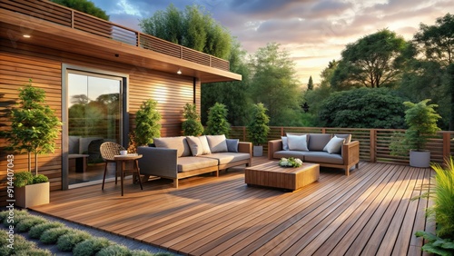 Exterior wooden decking on a terrace with a cozy seating area , outdoor, floor, patio, wooden, decking, terrace