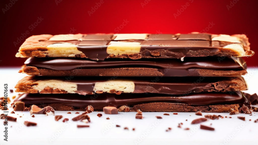 Horizontal three crispy cookies stacked up together with layers of chocolate Horizontal three crispy cookies stacked up together with layers of chocolate