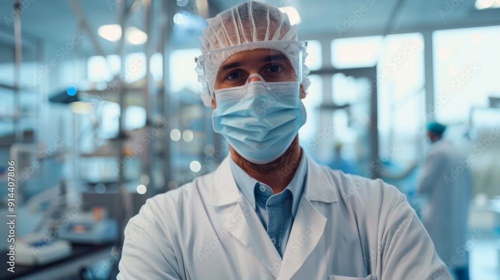 Smiling dentist with surgical mask standing in dental office Smiling dentist with surgical mask standing in dental office
