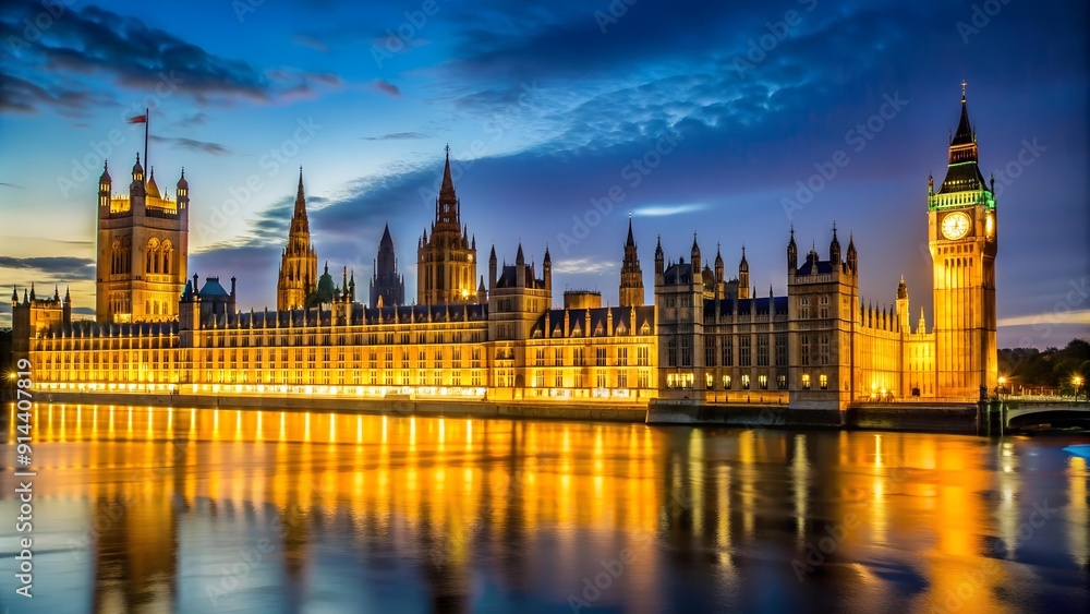 London's Jewel Box: The Houses of Parliament in a Dazzling Nighttime Display AI generated London's Jewel Box: The Houses of Parliament in a Dazzling Nighttime Display AI generated