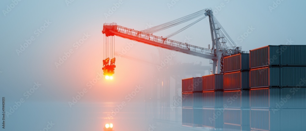 A modern crane lifts cargo containers at sunset, showcasing the beauty of industrial logistics and transportation. A modern crane lifts cargo containers at sunset, showcasing the beauty of industrial logistics and transportation.