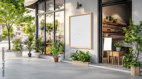 Modern storefront with blank sign space, potted plants, and warm ambiance, ideal for business promotions and advertising.