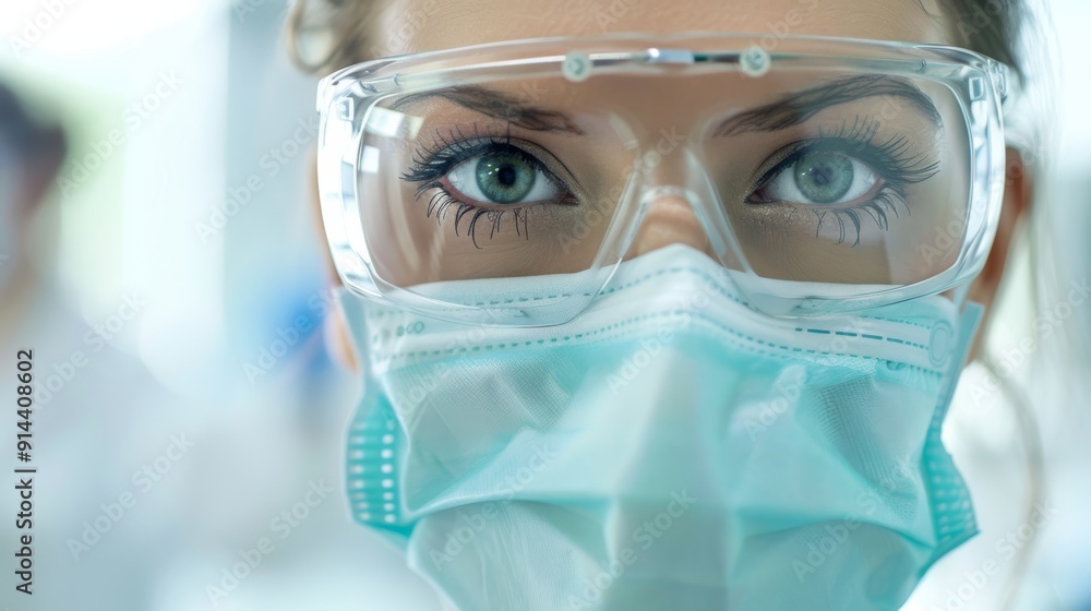 Dentist wearing surgical mask and protective eyewear in clinic Dentist wearing surgical mask and protective eyewear in clinic