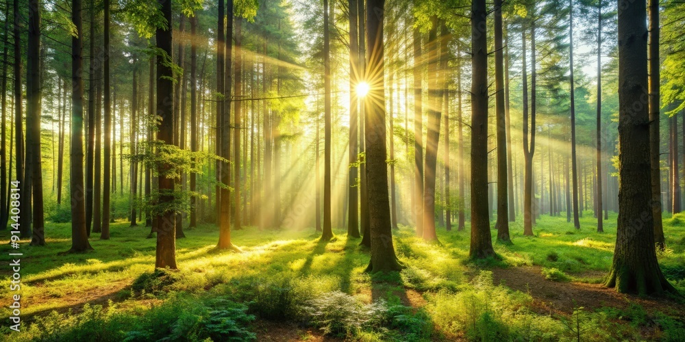 Obraz premium A scenic background of a tranquil forest with sunlight filtering through the trees , forest, nature, landscape, trees