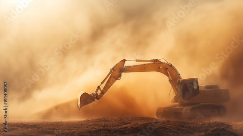 A large yellow construction vehicle is driving through a dusty desert