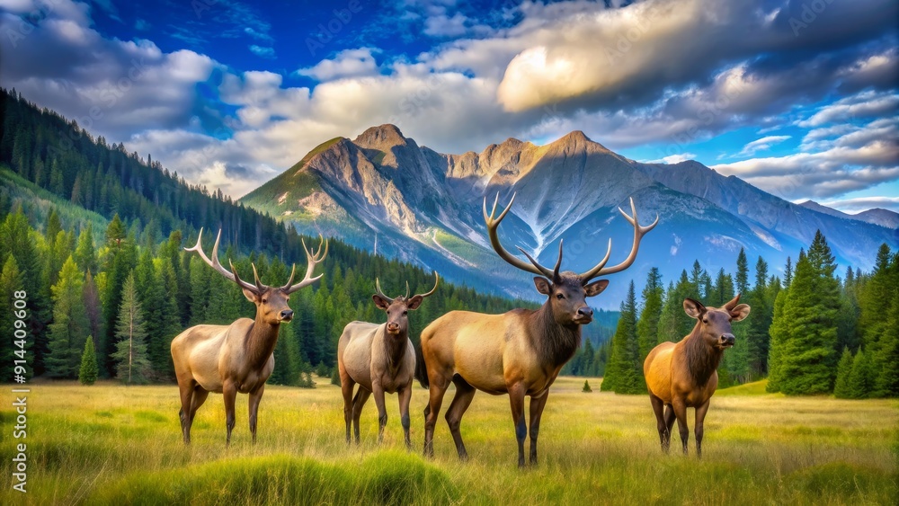 Elk Herd in a Mountain Meadow, Elk, Wildlife, Mountain, Nature Elk Herd in a Mountain Meadow, Elk, Wildlife, Mountain, Nature