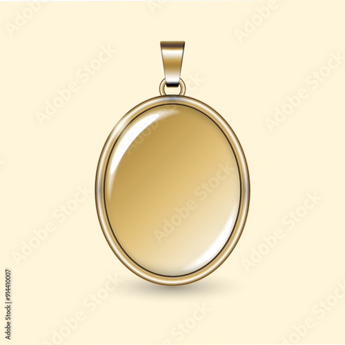 Golden oval locket pendant with clear glass dome mockup. Gold ellipse necklace resin pendant. Gold glass ball ornament. Realistic vector illustration.