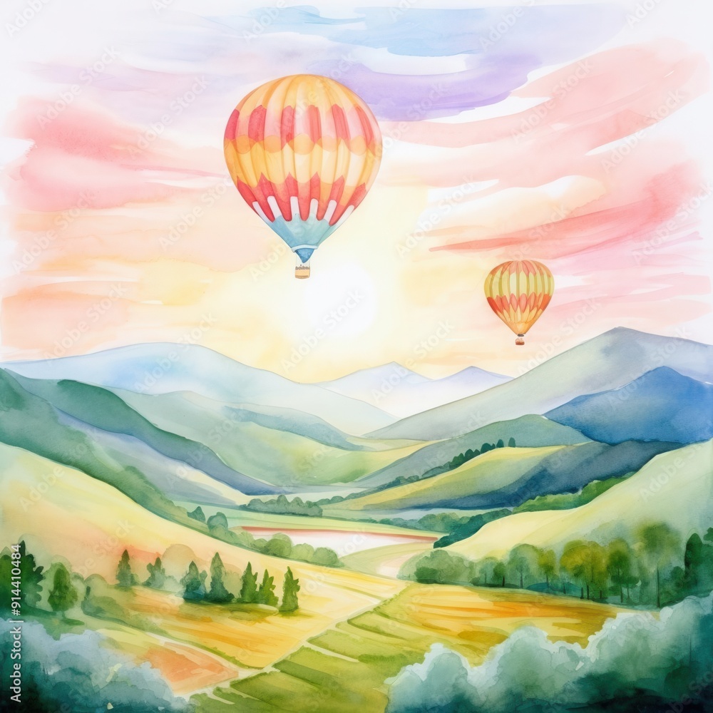 Fototapeta premium Scenic hot air balloon ride, over rolling hills, sunrise, water color